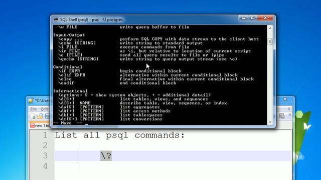PostgreSQL - SQL Shell - List all psql commands смотреть онлайн