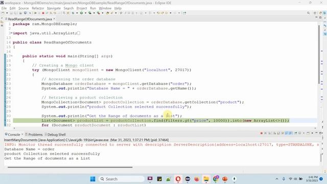How to read a range of documents using Java in MongoDB and add the docs into ArrayList or Consumer?
