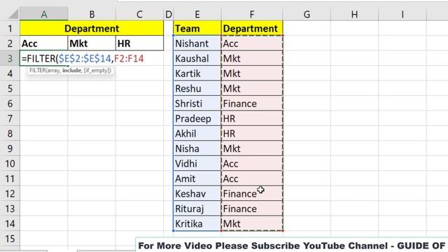 Excel dept. wise sepreate team name | using excel filter function | new excel function
