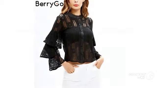 Женская одежда с Aliexpress - кружевная блуза с рукавом рюш смотреть онлайн