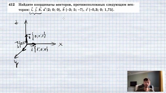 №412. Найдите координаты векторов, противоположных следующим векторам: i, j, k, а {2; 0; 0}, b { —