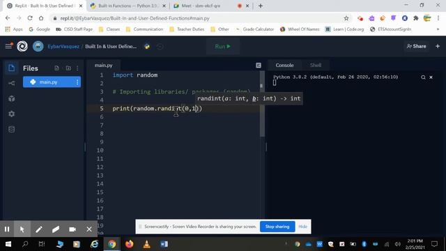 Unit 3 - Built in Functions,  Importing Random, and Using randint function - Python