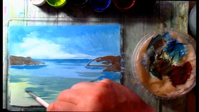 Морской пейзаж. Как нарисовать гуашью -- Рисуем просто