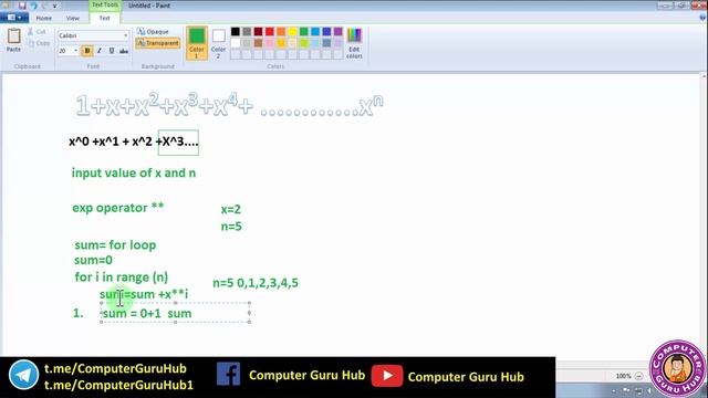 Program to input the value of x and n and print the sum of series 1+x+x^2+x^3+x^4..x^n | Practical