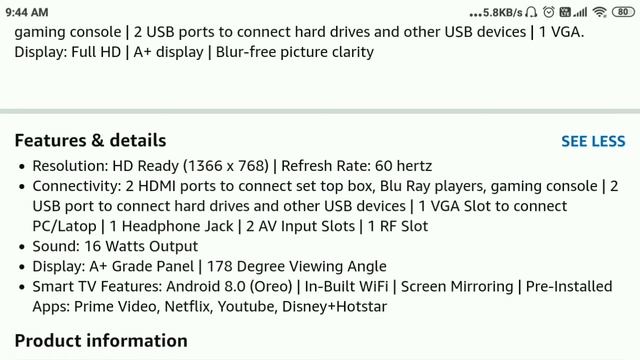 Salora 80 cm (32 Inches) HD Ready Smart Android LED TV SLV-4324 SL (Black) (2020 Model) смотреть онлайн
