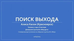 Поиск выхода. Выздоровевшая алкоголичка Алиса Хаски. Спикер на собрании группы АА "Мир"