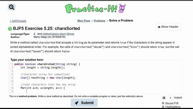 Java Practice It | Exercise 5.25: charsSorted | if, else, Boolean logic, method basics, return смотреть онлайн