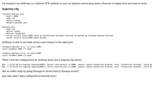 HAProxy as a failover only without load balancing - is not redirecting traffic to backup смотреть онлайн