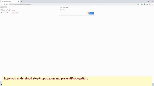 Event Handling in Vue.js -clickEvent, KeyEvent, stop, prevent propagations.