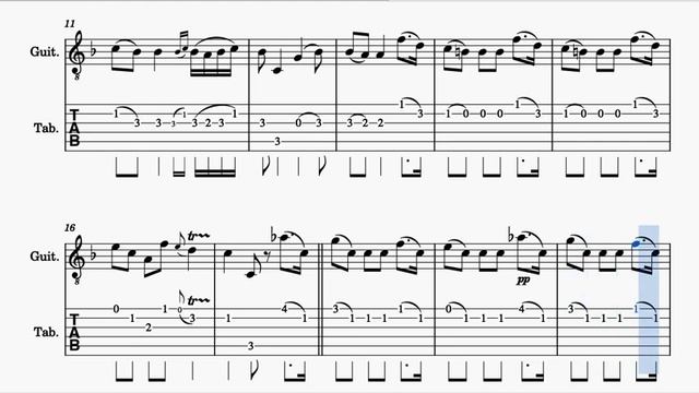 Minuet by Boccherini Guitar Score and Tablature in F Major Easy Key
