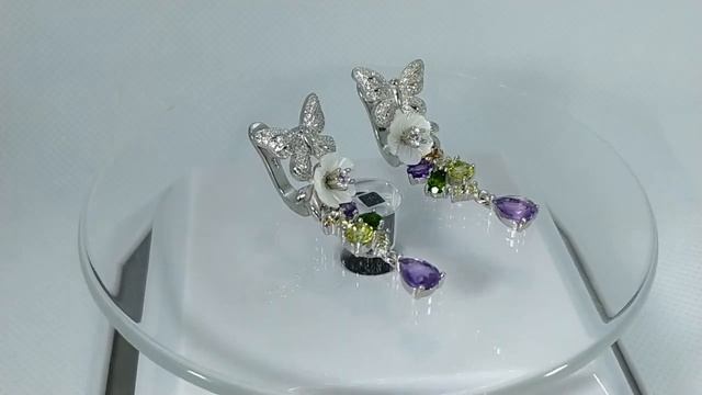 Серьги с натуральным перламутром, аметистом, хромдиопсидом, хризолитом и сапфиром Серебро 925