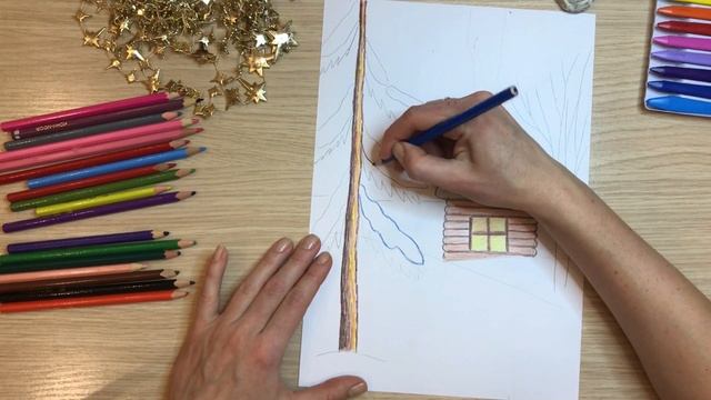 Рисунок зима. Зима для детей. Рисунок зимний пейзаж. Рисунок зимний лес. Рисунок домик карандашом