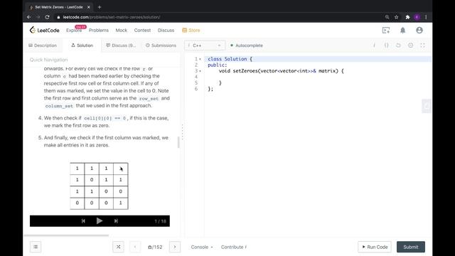 73. Set Matrix Zeroes.(C++) (optimised space complexity).