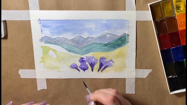Весна. Рисуем весенний пейзаж акварелью. Горы и весенние цветы