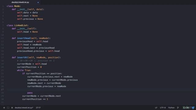 Implementation of new node insertion between two other nodes