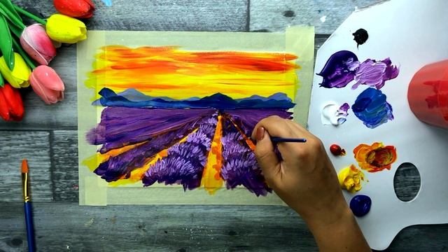 ЛАВАНДОВОЕ ПОЛЕ • Как просто нарисовать лаванду, небо, дерево горы • Закат и лаванда смотреть онлайн