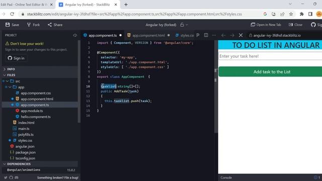 Stack Blitz Angular Tutorial - Angular TO DO APP