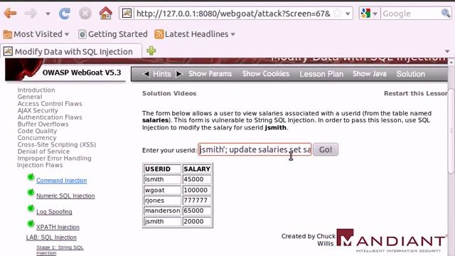 WebGoat v5.3 - Injection Flaws - Modify Data with SQL Injection смотреть онлайн