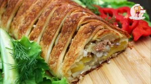 ПИРОГ из СЛОЕНОГО ТЕСТА с красной РЫБОЙ и КАРТОФЕЛЕМ