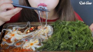 ASMR EATING RAW OCTOPUS X SEA GRAPES EATING SOUNDS | LINH-ASMR