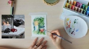 Новогодняя открытка акварелью. Watercolor Christmas postcard. Watercolor process.