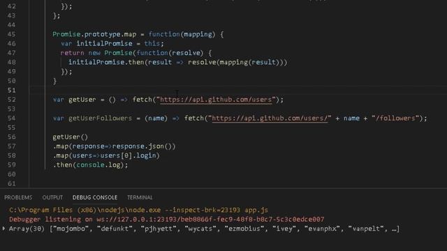 javascript Promise as a Monad. Getting github followers with fetch.