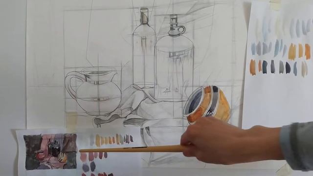 Обучающее видео по живописи.  Рисование натюрморта на формате А2. Часть 1.