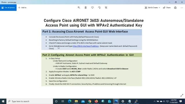 Configure Cisco Access Point using GUI Standalone/Autonomous with WPAv2 Authentication Key смотреть онлайн