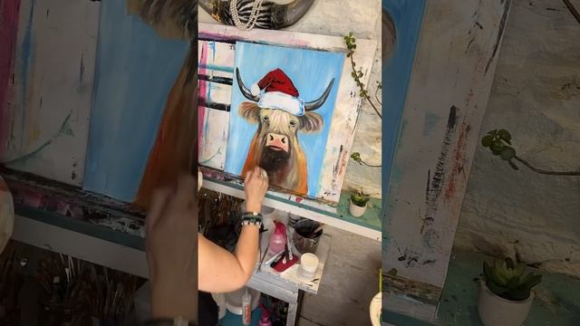 Process Painting a Santa Highland Cow for Christmas #itsthemostwonderfultimeoftheyear #newart