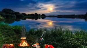 Целебные звуки природы. КОСТЕР НА БЕРЕГУ РЕКИ. Сверчки и квакают лягушки на закате. АСМР. Белый шум