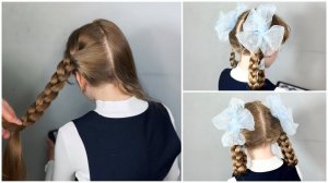 Очень простая прическа в школу для девочки с бантами. Easy school hairstyle for girls