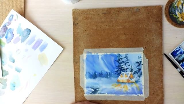 Картина акварелью Новогодний домик. Speed painting