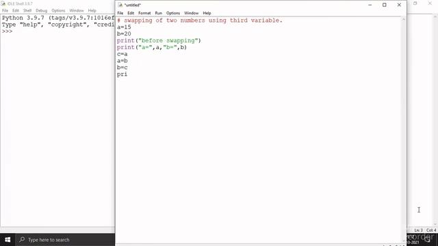 In Python swapping of two numbers using 3rd variable | IDLE | full code