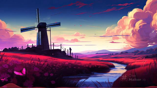 a windmill in a field is among pink grass смотреть онлайн