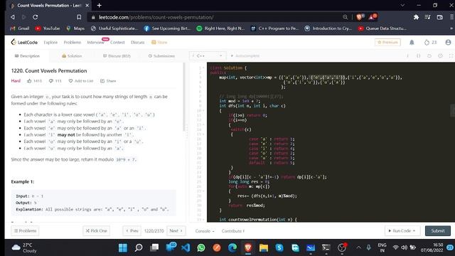 Count Vowels Permutation | ? August LeetCode ? | C++ | ? Leetcode Daily Challenge ? смотреть онлайн