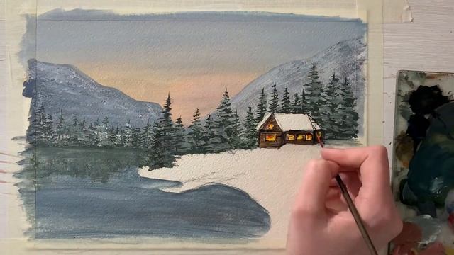 Рисуем Зимний Пейзаж Гуашью | простой пейзаж | painting a Winter in Gouache | White gouache Winter