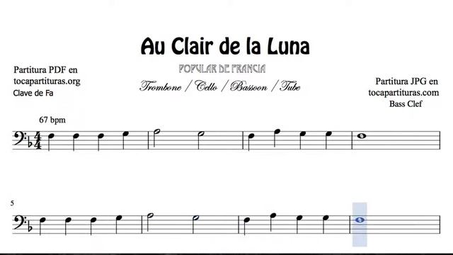 Au Clair de la Luna Sheet Music for Trombone Cello Basson Tube and Euphonium Popular France смотреть онлайн