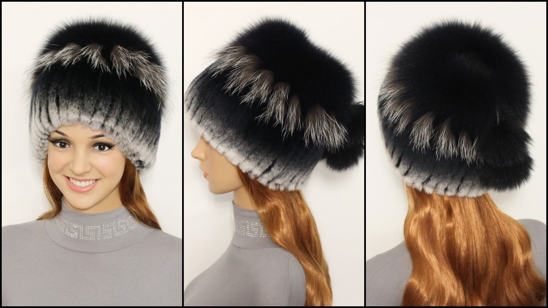 Женская шапка "Кубанка" вариант 2, из меха кролика "Рекс", песца и чернобурки
