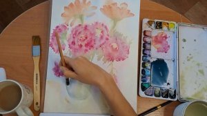 Рисуем букет цветов акварелью поэтапно. How to draw a bouquet of flowers in watercolor in stages.