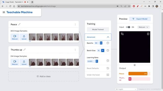 Hand gesture recognition neural network model using Teachable Machine