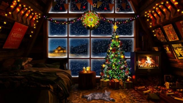 Relaxing Christmas Ambience in a Cozy Winter Cabin with Snowfall and Fireplace Sounds