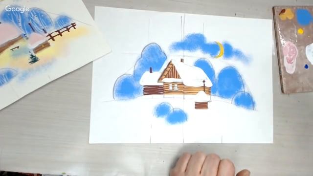 Рисуем Новогоднюю открытку "Домик в зимнем лесу" смотреть онлайн