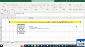 Convert values of a column into comma separated string in Excel using TEXTJOIN function