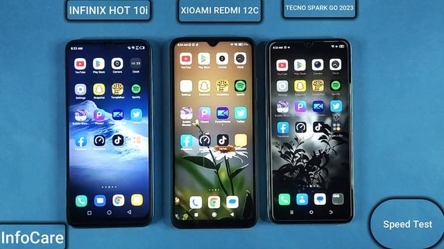 Xiaomi Redmi 12C And Tecno Spark Go 2023 And Infinix Hot 10i | Test Speed And Comparison