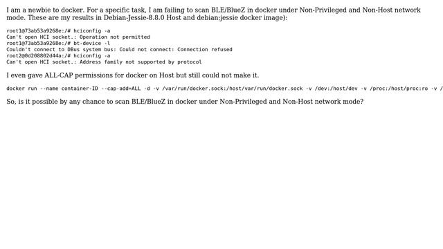 hcitool lescan (Bluetooth LE) in docker under Non-Privileged & Non-host Network mode is possible? смотреть онлайн