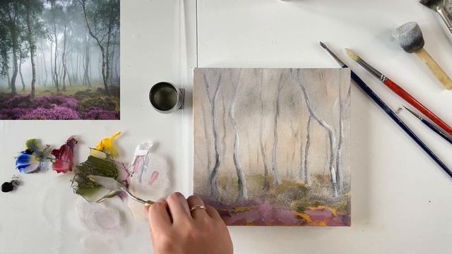 Мастер-класс "Туманный лес" масляным красками. Упражнение с губкой-кисть. Художник Анна Гуречкина