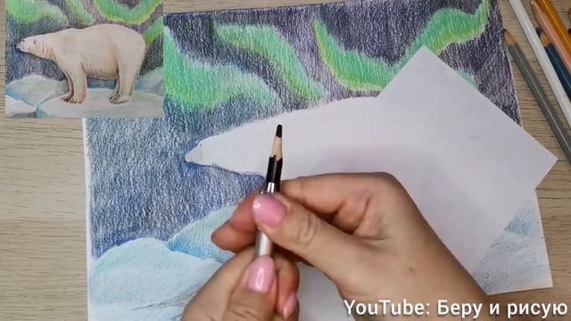 2. Как рисовать белого медведя цветными карандашами. смотреть онлайн