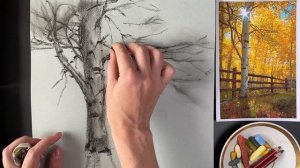 Золотая березка пастелью | Как нарисовать дерево пастелью | Урок в технике сухой пастели