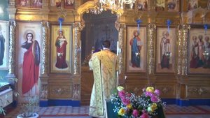 Патриарший протодиакон Константин Барган читает Евангелие в Богородицерождественском храме с.Раменк
