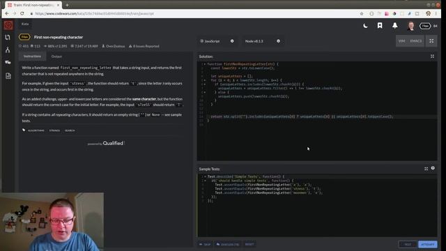 CodeWars: Return The First Unique Character Of A String (JavaScript)